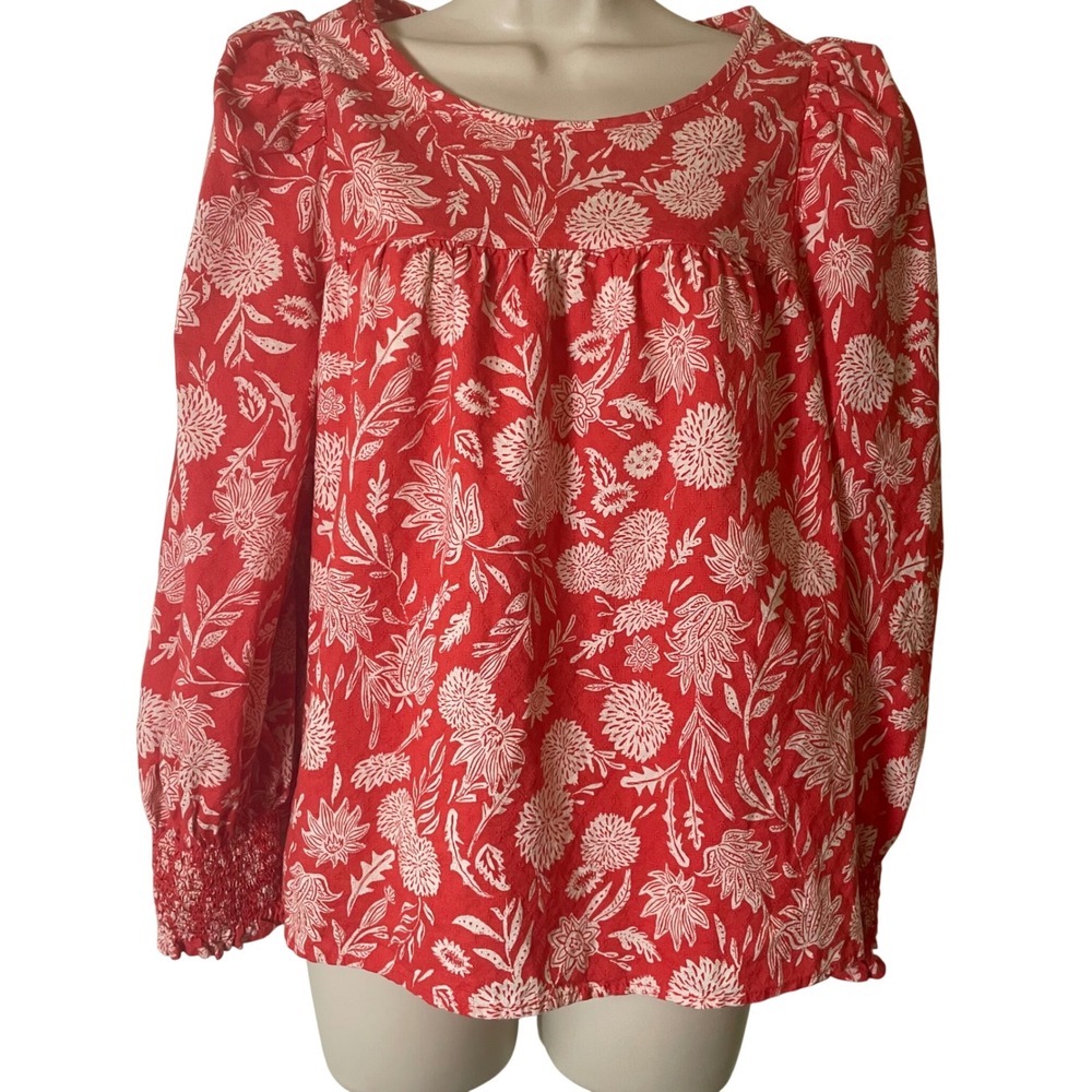 Universal Thread Womens Red Floral Puff Sleeve Smocked Cuff Blouse Top Size M